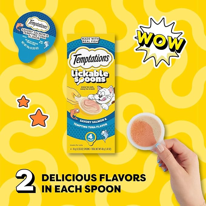 Temptations Lickable Spoons Adult Wet Cat Treat, Savory Salmon and Tempting Tuna Flavor, 4 Spoons, Pack of 12 (48 Total Treats)