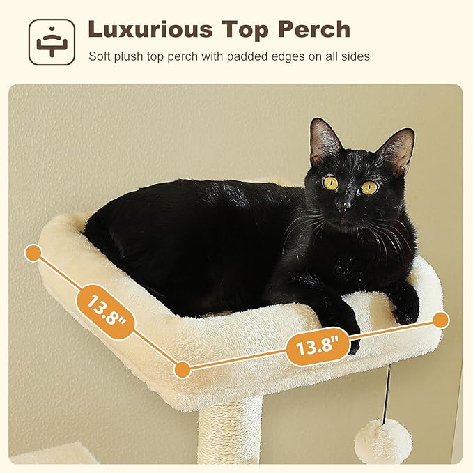 62" Cat Tree for Indoor Cats, Multi-Level Cat Tower for Large Cats with Scratching Posts, 2 Spacious Plush Condos, Padded Perch, Soft Cat Bed, Scratching Pad & 2 Pompoms, Beige