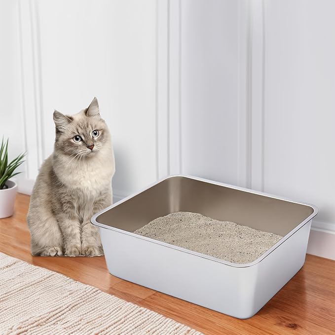 Stainless Steel Litter Box- 17.7" L x 13.77" W x 6" H Metal Cat Litter Box, Medium Cat Litterbox for Kitty or Rabbits,Non Stick, No Smell, Easy to Clean