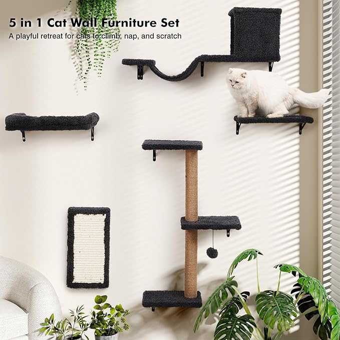 5-in-1 Cat Wall Shelves, Multi-Level Cat Climbing Furniture, Perch & Lounge for Indoor Cats, Space-Saving Wall Mounted Cat Shelves for Play & Rest (Natural Wood) - Gray