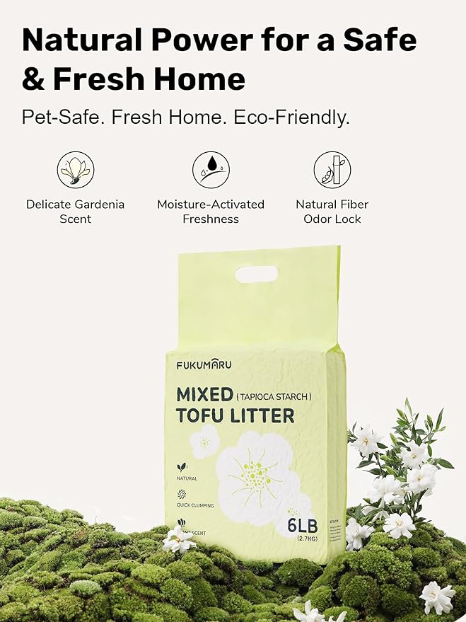 FUKUMARU Tofu Cat Litter, 24lb Fast Clumping & Odor Control, Gardenia Scent, Natural Bean Dregs & Cassava Starch, Dust-Free, Flushable, Low Tracking, Ultra Absorbent, Lightweight, 6lb x 4 Bags