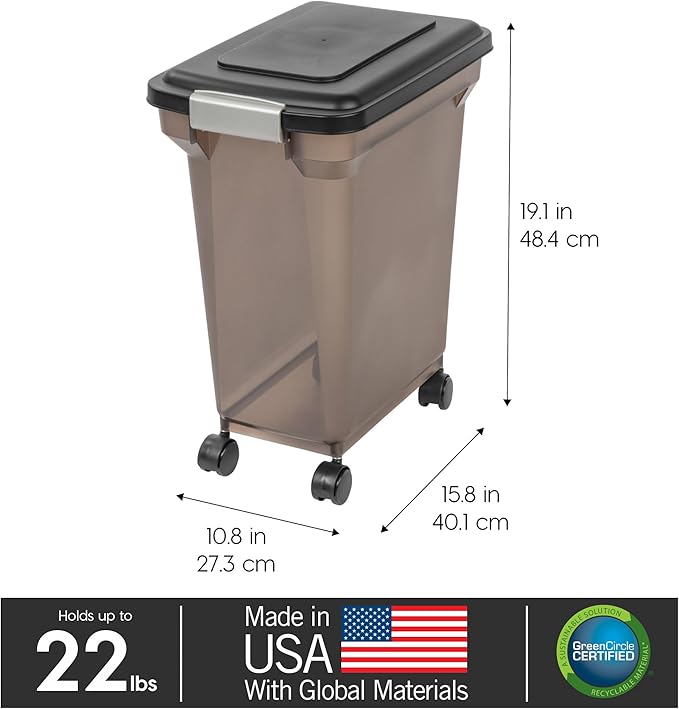 IRIS USA 22 Lbs / 28 Qt WeatherPro Airtight Pet Food Storage Container with Attachable Casters, For Dog Cat Bird and Other Pet Food Storage Bin, Keep Fresh, Easy Mobility, BPA Free, Smoke