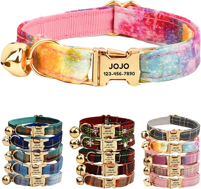 Plaid Polyester Personalized Cat Collar with Name & Owner Phone, Customizable Laser-Engraved, Charming Bell, Metal Buckle for Kittens and Cats - Matching Leash Available (Style-G)