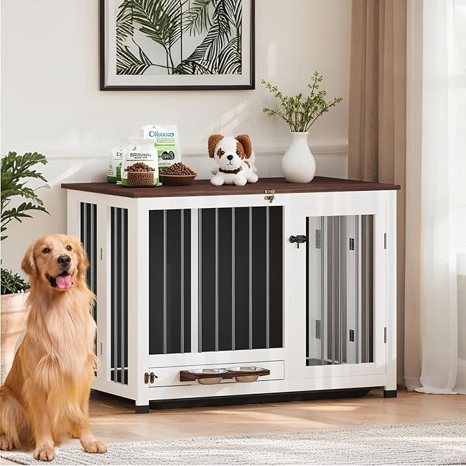 39.4" Dog Crate - Wooden Dog Kennel Furniture with Removable Tray & 360° Rotating Feeder | Indoor Sturdy End Table for Medium & Large Dogs | Easy Assembly, White Dog Cage for Living Room