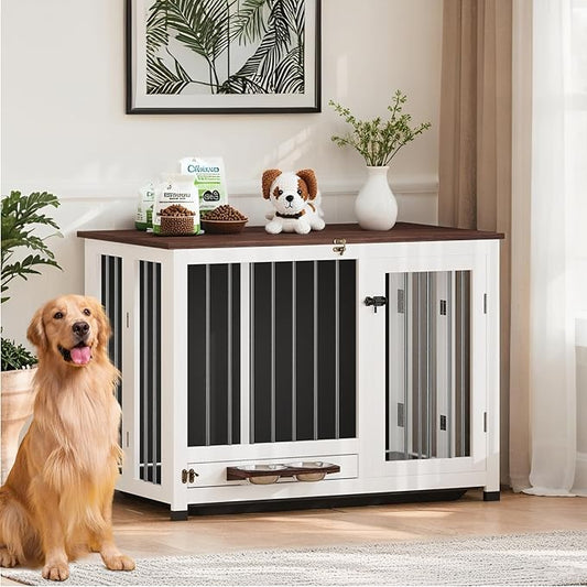 39.4" Dog Crate - Wooden Dog Kennel Furniture with Removable Tray & 360° Rotating Feeder | Indoor Sturdy End Table for Medium & Large Dogs | Easy Assembly, White Dog Cage for Living Room