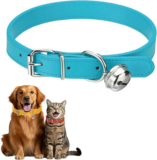 Dog Collar with Bell, Pu Leather Cat Collars Pet Basic Soft Padded Adjustable Buckle, 20" (Bright Blue, 1 Pcs), Intended for Teacup/Little Dog/Kitten Cats/Small Animals