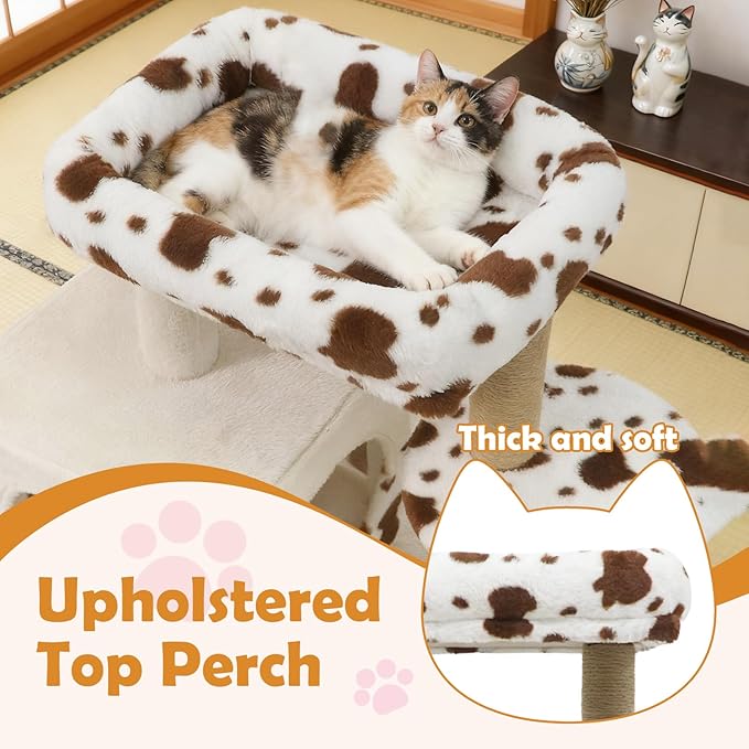 PETSITE 30 Inches Small Cat Tree, Unique Cow Print Modern Cat Tree with Jute Scratching Posts, Comfy 2-Door Condo, Soft Upholstered Top Perch, Multiple Jumping Platforms, Ideal for Indoor Cats