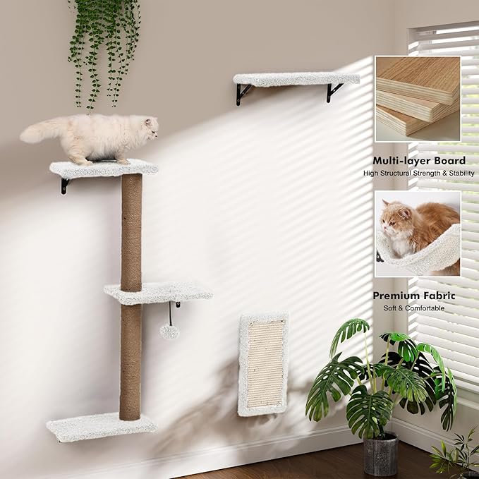 5-in-1 Cat Wall Shelves, Multi-Level Cat Climbing Furniture, Perch & Lounge for Indoor Cats, Space-Saving Wall Mounted Shelves for Play & Rest (Natural Wood) - White