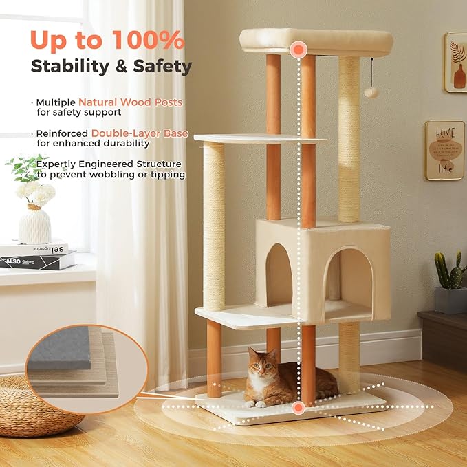 53" Modern Cat Tree for Large Cats, Wooden Cat Tower with Fully Sisal Covered Scratching Posts and Solid Wood Posts, Cat Furniture with Spacious Perch and Cozy Condo Beige