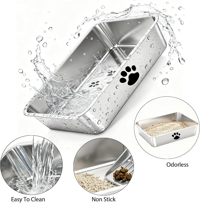 Stainless Steel Litter Box, Metal Cat Litter Pans-4“ Height Low Entry Indoor Pet Toilet Supplies for Kitty, Kitten, Rabbit, Puppy,No Stick Easy Clean-No Smell