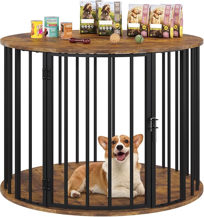 32 Inch Dog Crate Furniture for Large Medium Dogs, Wooden Dog Kennel Indoor Decorative Pet House Side End Table, Round Dog Cage, Rustic Brown