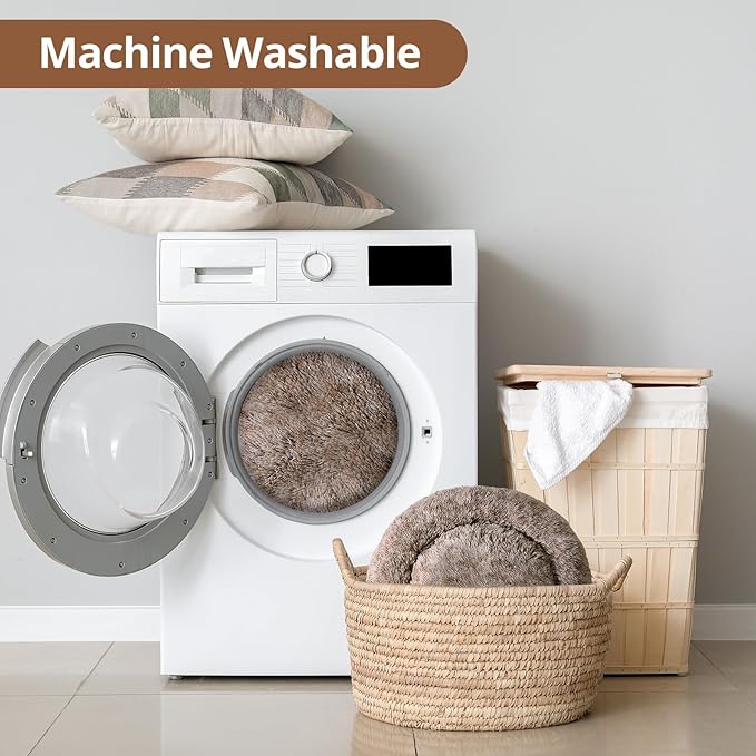 JOLLYVOGUE Small Dog & Cat Beds for Indoor Cats, Donut Cuddler Warming Soft Dog Beds with Anti-Slip Bottom, Round Calming Fluffy Plush Faux Fur Cushion Bed for Small Dogs (23", Smoke Brown)