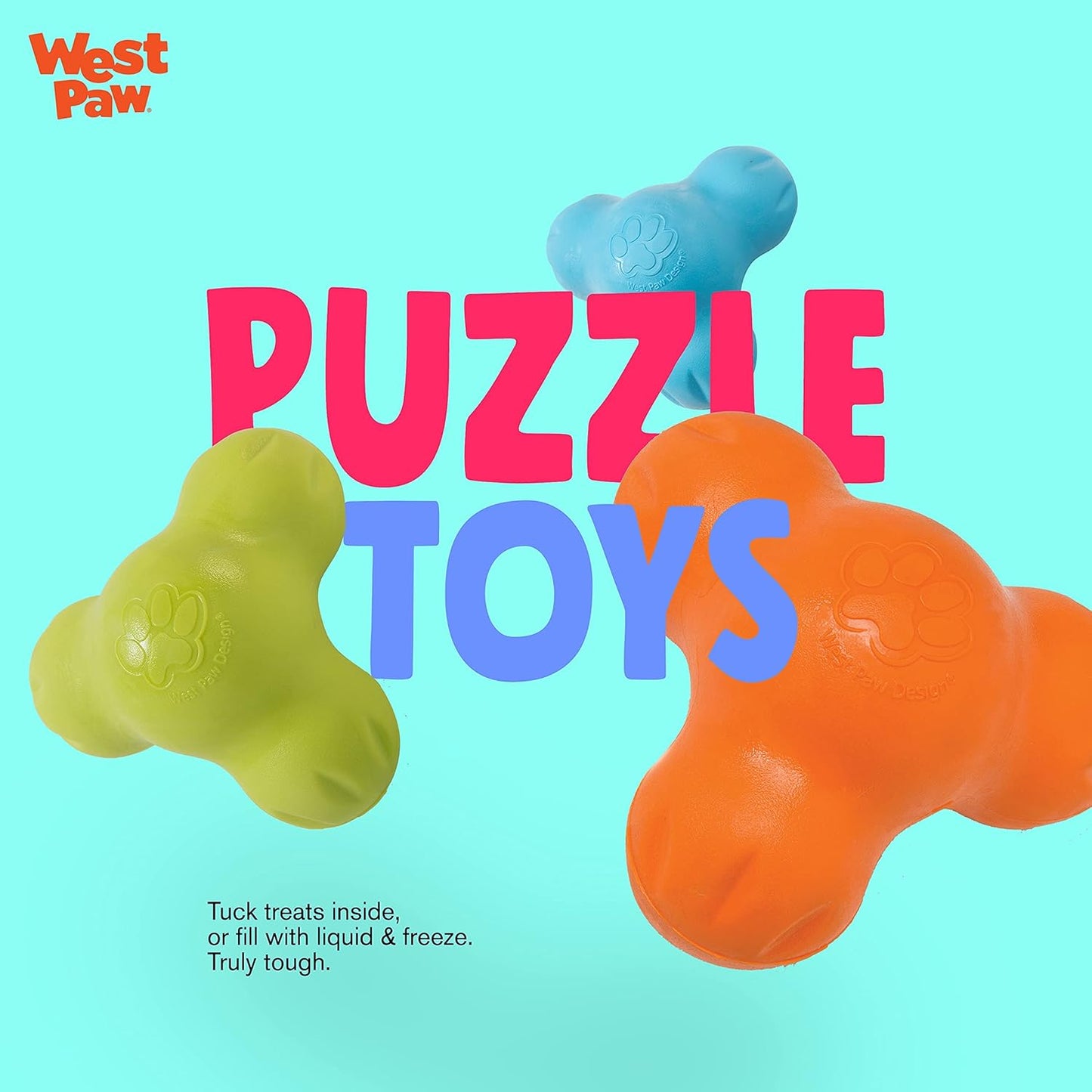 WEST PAW Zogoflex Tux Treat Dispensing Dog Chew Toy – Interactive Chewing Toy for Dogs – Dog Games for Aggressive Chewers, Fetch, Catch – Holds Kibble, Treats, Small 4", Aqua Blue