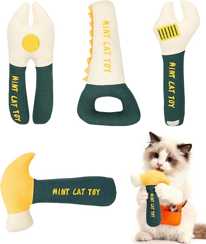 Joytale 4Pcs Tool-Shaped Catnip Toys, Organic Catnip & Crinkle Sound, Soft and Durable, Interactive Chew & Kicker Cat Toys, Exercise and Teething Relief for Indoor Cats & Kittens