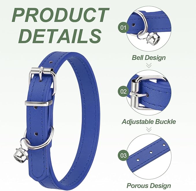 Dog Collar with Bell, Pu Leather Cat Collars Pet Basic Soft Padded Adjustable Buckle, 14.5" (Navy, 1 Pcs), Intended for Teacup/Little Dog/Kitten Cats/Small Animals