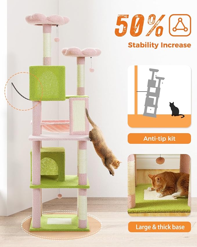 Flower Cat Tree, 70.9-inch Tall Cat Tower in Blossom Pink with 2 Condos & Large Hammock, Whimsical Cat Activity Center with Pom Poms for Indoor Cats