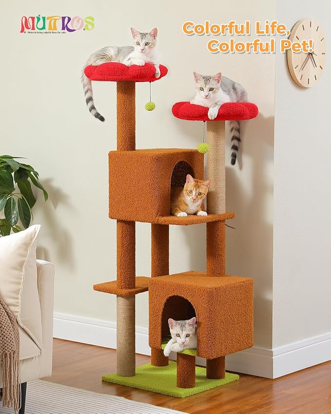 52.4" Cat Tree for Indoor Cats, Multi-Level Cat Tower with 2 Flower Perches, 2 Cozy Condos & Sisal Scratching Posts, Stylish Kitty Climbing Furniture Playhouse for Adult Cats, Brown/Red