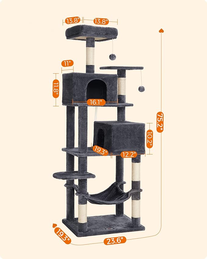 Feandrea Cat Tree, 75.2-Inch Cat Tower for Indoor Cats, Plush Multi-Level Cat Condo with 5 Scratching Posts, 2 Perches, 2 Caves, Hammock, 2 Pompoms, Smoky Gray UPCT191G01