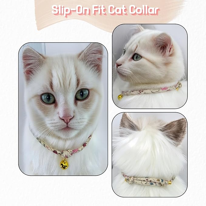 Handmade Cotton Cat Collar with Bell – Adjustable Slip-On Design, No Buckle, Lightweight Rope Collar for Kittens, Indoor Cats, and Small Pets (Petal)