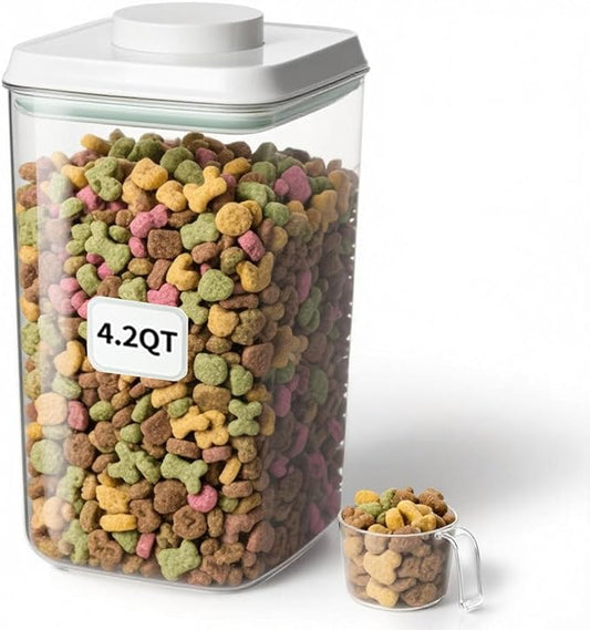 3-5 Lbs Dog-Cat Pop Treat - Airtight Jar - Pet Food Storage Container for Kibble & Treats, 4L/4.2qt with 130ml/0.14qt Half Scoop Stackable Pop Lid Plastic Container with Lid