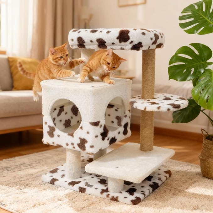 PETSITE 30 Inches Small Cat Tree, Unique Cow Print Modern Cat Tree with Jute Scratching Posts, Comfy 2-Door Condo, Soft Upholstered Top Perch, Multiple Jumping Platforms, Ideal for Indoor Cats