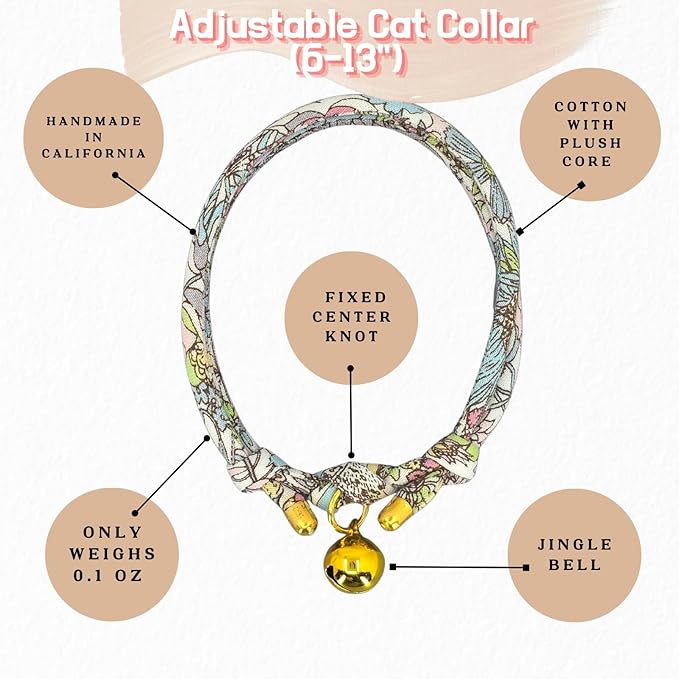 Handmade Cotton Cat Collar with Bell – Adjustable Slip-On Design, No Buckle, Lightweight Rope Collar for Kittens, Indoor Cats, and Small Pets (Lush)