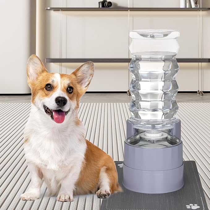 RIZZARI Large Water Dispenser for Dogs: 8L Gravity Gray Automatic Stainless Steel Waterer with Specialized Brush and Triple Filter - Raised Pet Feeder for Senior Dogs with Joint Pain in Bedroom Garden