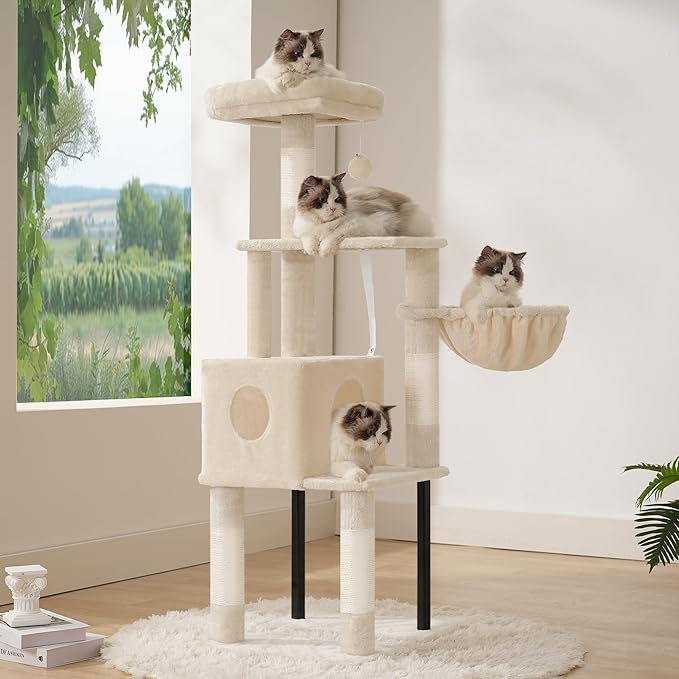 Heybly Cat Tree, 49.2 Inches Cat Tower for Indoor Cats, Spacious Cat House Condo with Hidden Space，Sturdy Steel Tube，Soft Plush Top Perch，Cozy Hammock and Sisal Scratching Posts, Beige HCT200SM