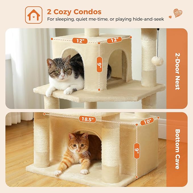 Cat Tree for Indoor Cats, 64.5" Tall Cat Tower with 2 Cozy Condos, Scratching Posts, Large Hammock and Dual Padded Perches, Multi-Level Activity Center for Large Cats, Beige