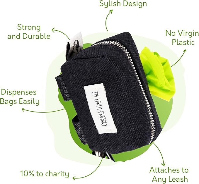 Black Poop Bags Holder - 10% to Charity - Strong Quality Zipper - Virgin Plastic Free - Black Dispenser with Secure Carabiner