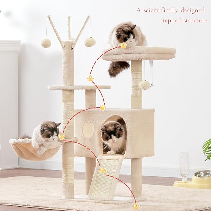 Hey-brother Cat Tree Tower, Scratching Posts with Removable Toys, Cozy Condo, Platform, Hammock, Sisal Scratch Board and Ball for Indoor Kittens, 41.3 Inches, Beige MPJ008SM