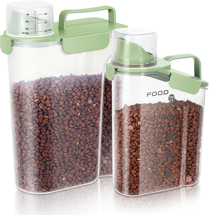 5-7Lbs Dog Cat Food Storage Container with Upgraded Large Nozzle BPA-free, 4 Snap Seals Plastic Pet Food Storage Containers with Handles (Green x 2, (5L+3L) 2pack)