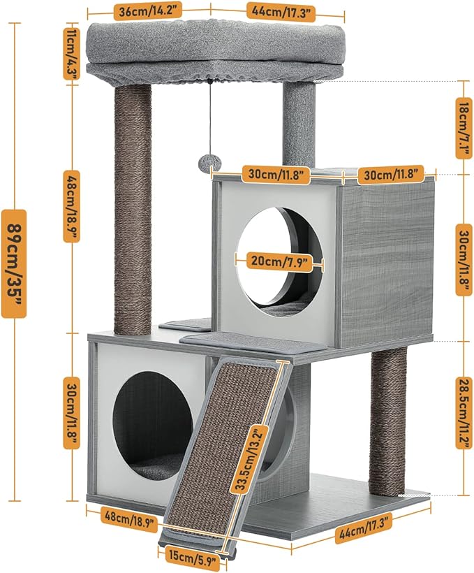 PAWZ Road Cat Tree 35 Inches Wooden Cat Tower with Double Condos, Spacious Perch, Fully Wrapped Scratching Sisal Posts and Replaceable Dangling Balls-Gray