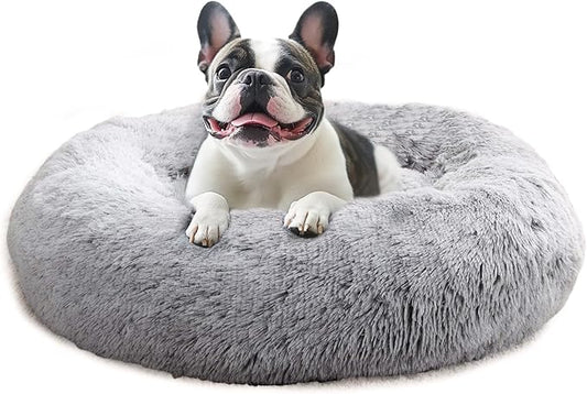 JOLLYVOGUE Small Dog & Cat Beds for Indoor Cats, Donut Cuddler Warming Soft Dog Beds with Anti-Slip Bottom, Round Calming Fluffy Plush Faux Fur Cushion Bed for Medium Dogs (31", Smoke Grey)