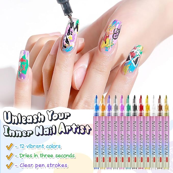 12 Colors Nail Art Pens Set, 2026 Upgraded Nail Art Markers for Kids, Quick Dry Long Lasting Nail Polish Pen, DIY 3D Drawing Dotting Painting Nails Liner Brush (1 Pcs)