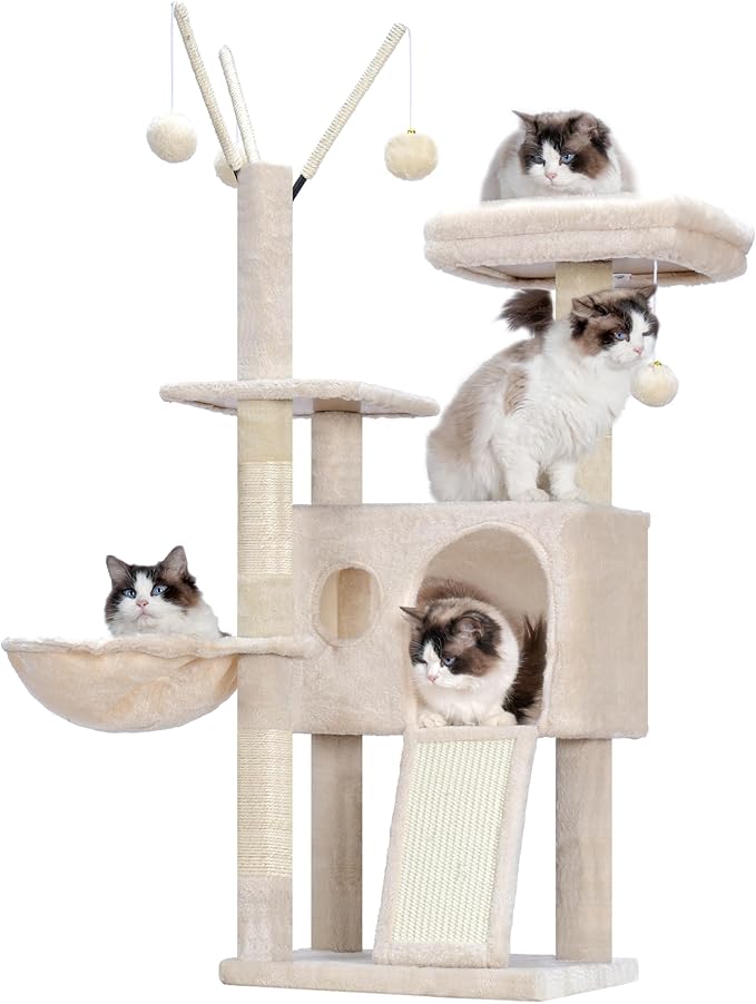Hey-brother Cat Tree Tower, Scratching Posts with Removable Toys, Cozy Condo, Platform, Hammock, Sisal Scratch Board and Ball for Indoor Kittens, 41.3 Inches, Beige MPJ008SM