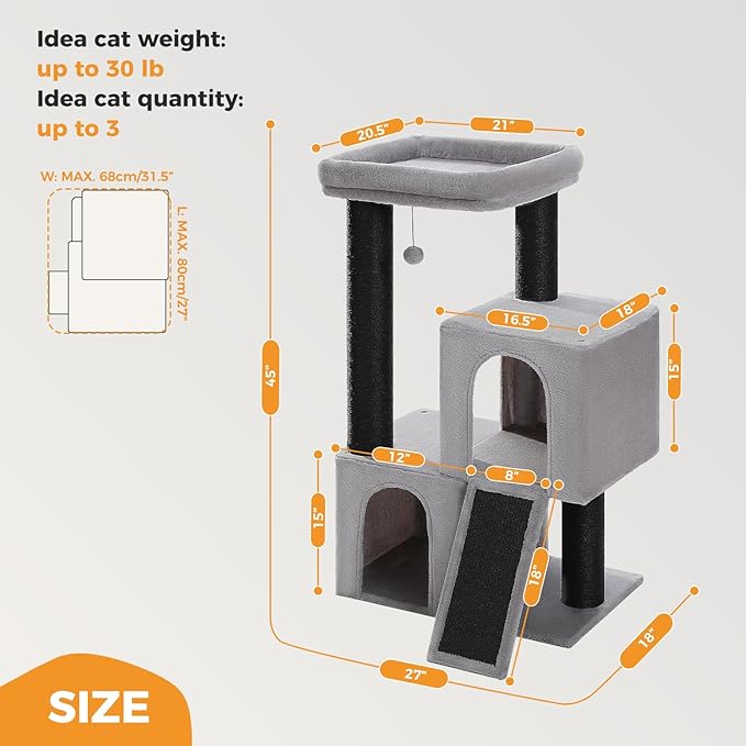 Heavy Duty Cat Tree for Indoor Cats Adult, 45-Inch Cat Tower with Sisal Scratching Ramp, 2 Cat Condo for Extra Large Cats, Big Top Perch, 3 Thick Black Scratching Posts (φ4.3) -Gray