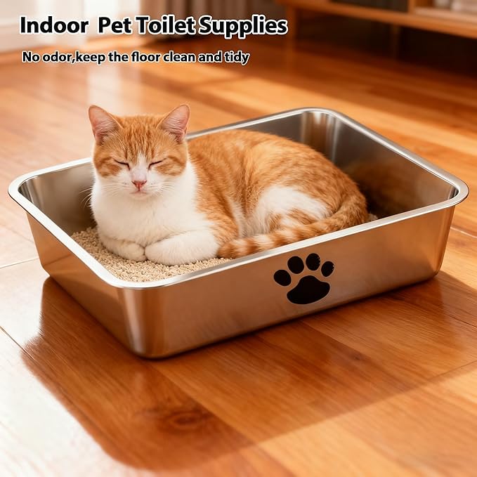 Stainless Steel Litter Box, Metal Cat Litter Pans-4“ Height Low Entry Indoor Pet Toilet Supplies for Kitty, Kitten, Rabbit, Puppy,No Stick Easy Clean-No Smell