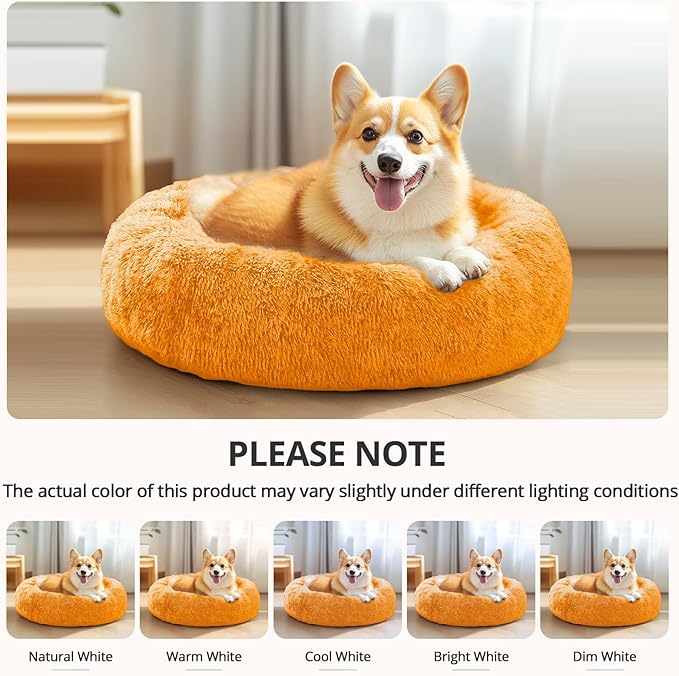 JOLLYVOGUE Small Dog & Cat Beds for Indoor Cats, Donut Cuddler Warming Soft Dog Beds with Anti-Slip Bottom, Round Calming Fluffy Plush Faux Fur Cushion Bed for Medium Dogs (31", Orange)