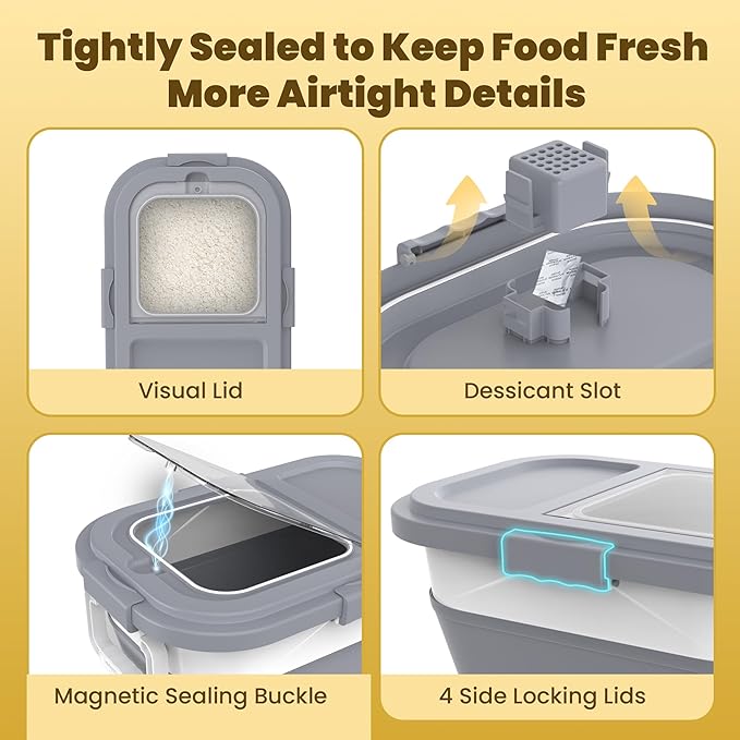 HOYTAMDA 20-30Lbs Rice Container,Collapsible Airtight Food Storage Containers with Wheels,Handle,Rice Storage Container with Small Bin and Scoop