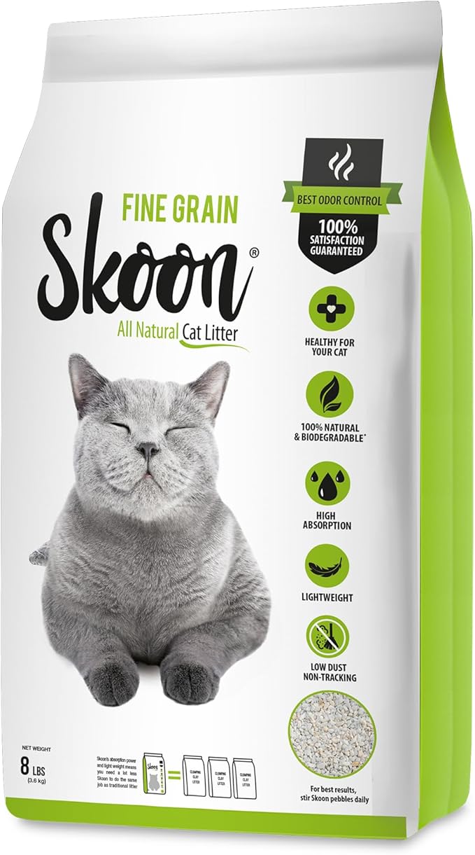Skoon All Natural Cat Litter (1 Bag) - Fine Grain - Lightweight, Low Tracking, Non-Clumping Diatom Pebbles Absorb, Lock, and Seal Waste for Best Odor Control - Self-Cleaning Box Compatible