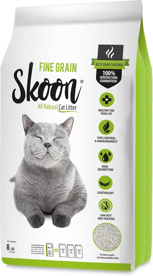 Skoon All Natural Cat Litter (1 Bag) - Fine Grain - Lightweight, Low Tracking, Non-Clumping Diatom Pebbles Absorb, Lock, and Seal Waste for Best Odor Control - Self-Cleaning Box Compatible