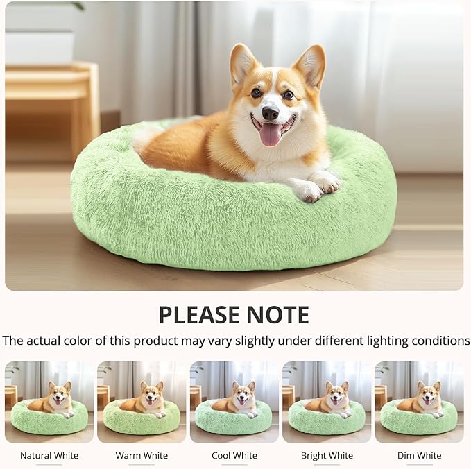 JOLLYVOGUE Small Dog & Cat Beds for Indoor Cats, Donut Cuddler Warming Soft Dog Beds with Anti-Slip Bottom, Round Calming Fluffy Plush Faux Fur Cushion Bed for Small Dogs (20", Light Green)