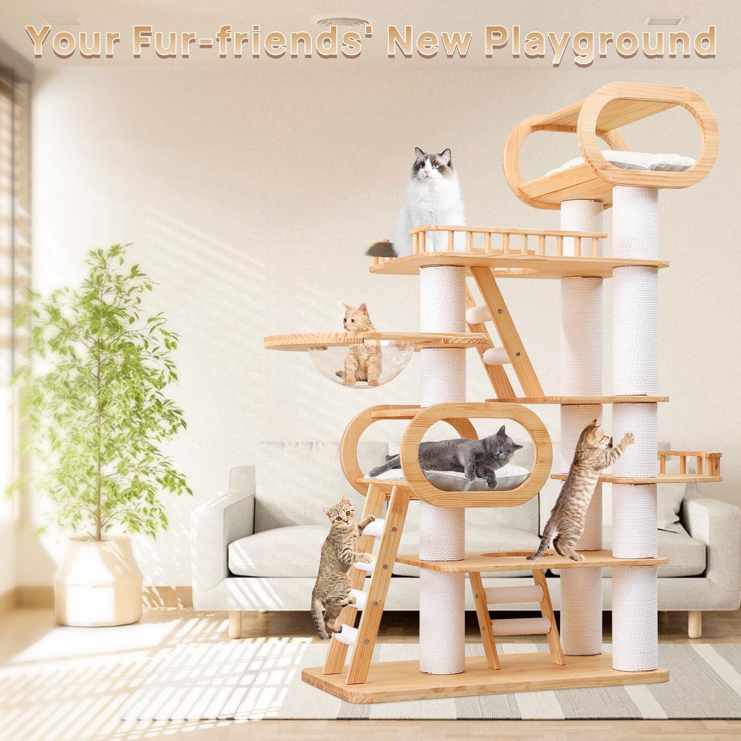 77‘’ Modern Cat Tree, Tall Wood Cat Tower for Indoor Cats Large Adult, Heavy Duty Cat Tree with Scratching Post, Luxury Kitty Condo, Sturdy Cat Furniture with 1 Transparent Bed and 3 Climb Labber