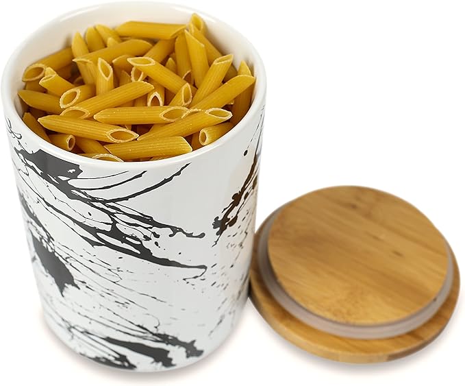 Arthausen Black Splatter Ceramic Storage Jar Canister for Flour Sugar Airtight Bamboo Lid w/Silicone Seal, Spoon - Modern Abstract Art Design for Kitchen Counter Bathroom - 4 cup / 1080mL