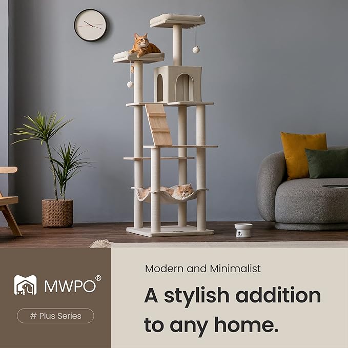 MWPO Large Modern Cat Tree, 70.1-Inch Wood Cat Tower for Indoor Cats, Multi-Level Tall Cat Condo with 2 Padded Perches, Hammock, Scratching Posts, Dangling Toys, Beige
