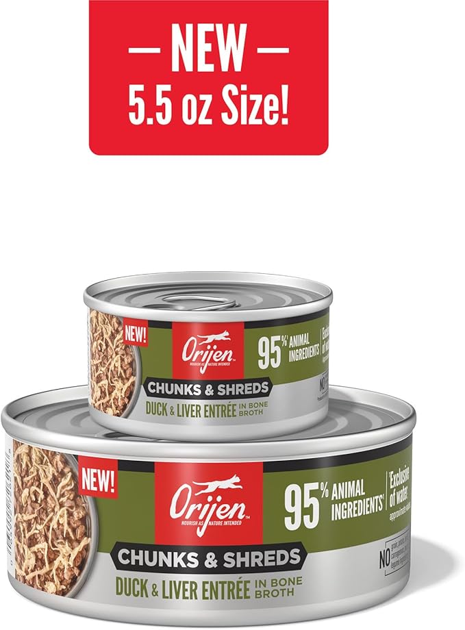 ORIJEN Chunks & Shreds Wet Cat Food Duck & Liver Entrée 5.5oz Cans (6 Count)