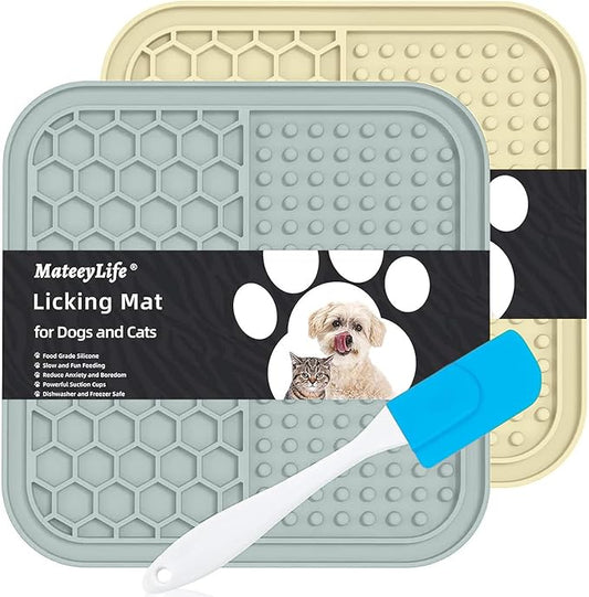 MateeyLife 2PCS Small Lick Mat for Dogs and Cats, Licking Mats for Dog Anxiety Relief, Cat Peanut Butter Lick Pad for Boredom Reducer, Dog Treat Mat Perfect for Bathing Grooming Gray&Beige