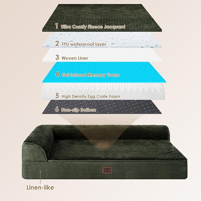 EHEYCIGA Memory Foam Dog Bed Large Sized Dogs, Waterproof Dog Bed Orthopedic with Washable Removable Cover, Non-Slip Pet Bed Couch, 36x27x6 Inches, Dark Green