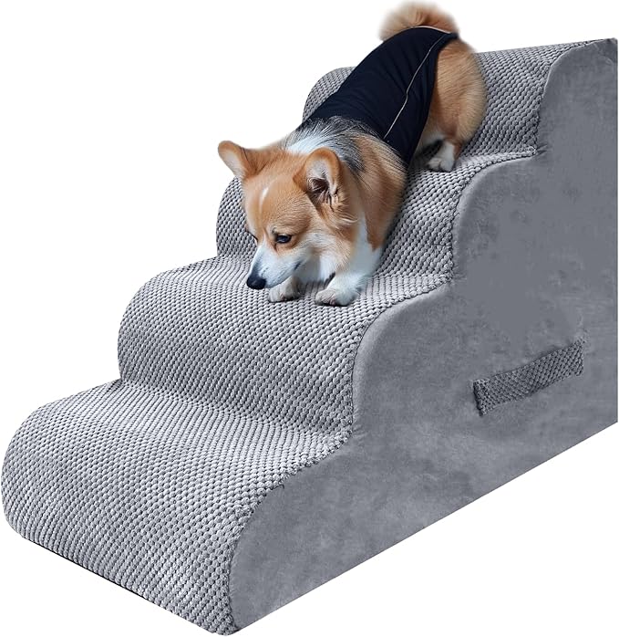 PAWSCART Dog Stairs for Small Dogs and Cats, 4-Step Dog Steps for Bed, 19.6" H Pet Stairs for High Bed, Pet Ramp for Couch, Sofa, Non-Slip Surface Removable Washable Cover, LightGrey